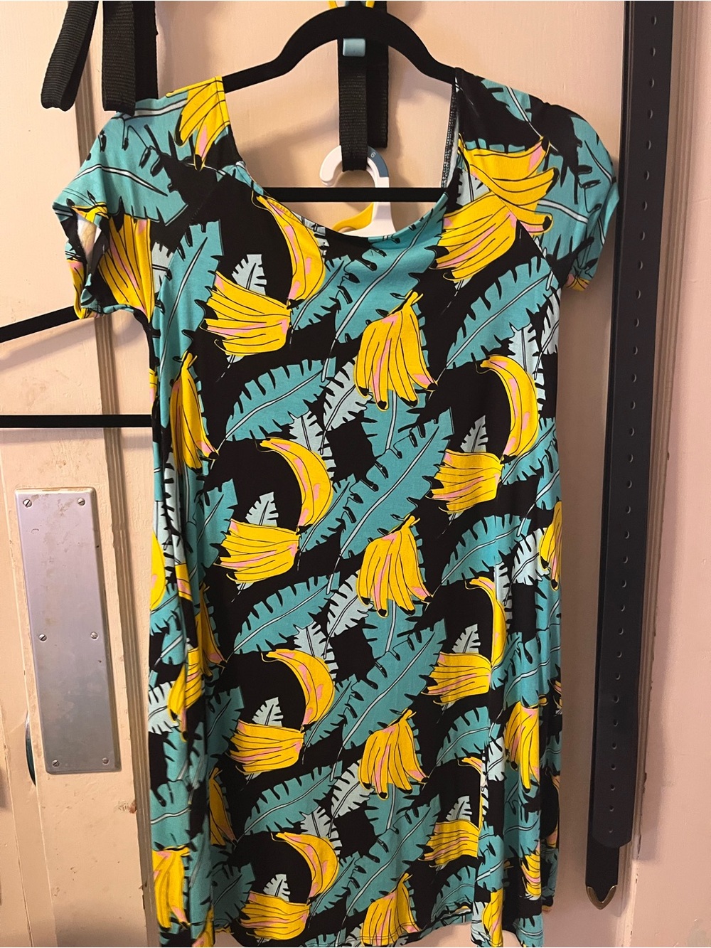 Ava Sky Black Dress with Teal Leaves and Yellow Banana Print